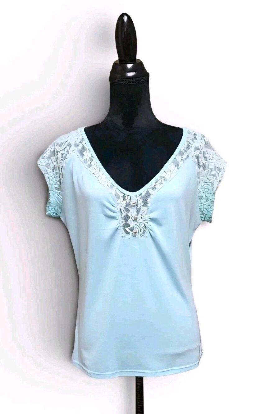Duo Duo Juniors Plus Size 3X Teal V-Neck Top Lace Trimmed Short Sleeve Shirt